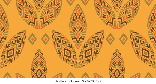 Seamless African pattern with leaf shield. Savanna tribal vector ornament. Hand drawn weave ethnic carpet. Modern geo print on textile. Ancient rug design for bohemian interior