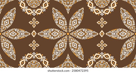 Seamless African pattern with leaf shield and circles. Savanna tribal vector ornament. Hand drawn weave ethnic carpet. Modern geo print on textile. Ancient rug design for bohemian interior