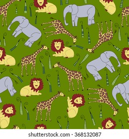 Seamless African pattern with lions, giraffes and elephants on green background. Vector illustration for kid design, textile and fabric, wrapping paper etc