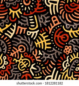 Seamless african pattern in patchwork style. Ethnic and tribal motives. Doodle ornament. Print for textiles. Vector illustration.