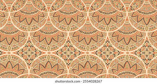 Seamless african pattern with scallop and diamond shape. Savanna tribal vector ornament. Hand drawn ethnic carpet with weave. Modern geo print on textile. Ancient rug design for bohemian interior.