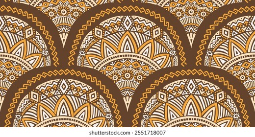 Seamless african pattern with scallop shape. Savanna tribal vector ornament. Hand drawn ethnic carpet with weave. Modern geo print on textile. Ancient rug design for bohemian interior.