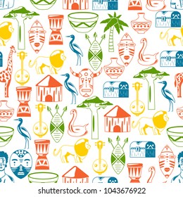 Seamless african pattern. Travel to Africa ethnic icons. Tribal illustration. 