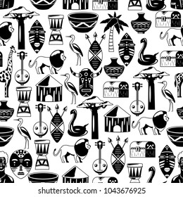 Seamless african pattern. Travel to Africa ethnic icons. Tribal illustration. 