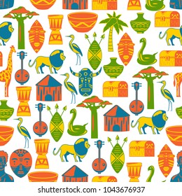 Seamless african pattern. Travel to Africa ethnic icons. Tribal illustration.  