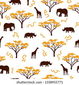 Seamless African pattern with wild animals in savannah.