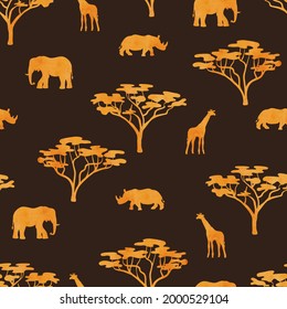 Seamless African safari pattern with watercolor silhouettes of wild animals.