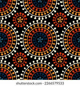 Seamless african shweshwe pattern. Blue, white, black and orange print for textiles. Cute doodle ornament. Vector illustration.