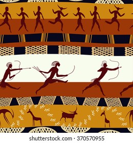 Seamless African texture with figures of primitive people and animals. Vector illustration