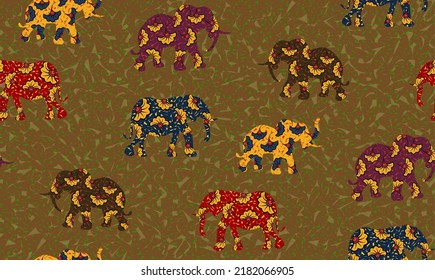 Seamless African or Thai Print fabric background, Ethnic elephants handmade ornament for your design, colorful Afro flowers tribal motifs. Vector texture, Africa Fashion textile 