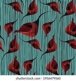 Seamless African Wax Print fabric, Ethnic handmade ornament design, tribal pattern motifs floral elements. Vector texture, afro blue textile Ankara fashion style. Pareo wrap dress wedding red flowers