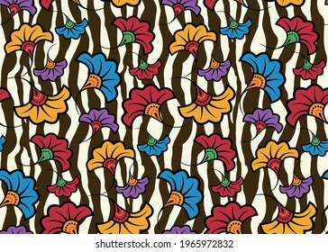 Seamless African Wax Print Fabric, Ethnic Handmade Design, Tribal Animal Pattern Motifs Floral Elements. Vector Texture, Afro Colorful Textile Ankara Fashion Style. Pareo Wrap Dress Wedding Flowers