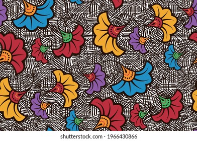 Seamless African Wax Print fabric, Ethnic handmade ornament design, tribal pattern motifs floral elements. Vector texture, afro colorful textile Ankara fashion style. Pareo wrap dress wedding flowers