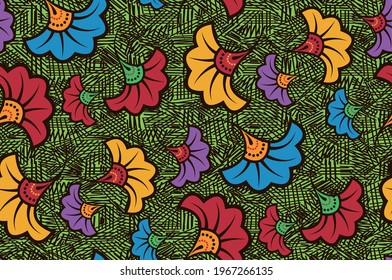 Seamless African Wax Print fabric, Ethnic handmade ornament design, tribal pattern motifs floral elements. Vector texture, afro colorful textile Ankara fashion style. Pareo wrap dress wedding flowers