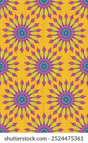 Tejido de impresión de cera africana sin costuras, margaritas étnicas hechas a mano para su diseño, flores de margaritas étnicas afro y motivos tribales. Textura del Vector, fondo colorido del estilo de la moda textil de África Ankara