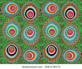 Seamless African Wax Print fabric, Ethnic handmade ornament for your design, Afro Ethnic flowers and tribal motifs geometric circle elements. Vector texture, Africa Ankara textile fashion background