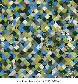 Seamless aged mosaic background in green and blue colors, vintage seamless pattern with grunge texture. Contain seamless messy aged textures that can be used separately.