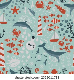 Seamless ahoy pattern. Marine theme. Seaweed. Sea and ocean animals, crab, seahorse, starfish, octopus, squid, jellyfish. Pirates. Children's illustration. White background. Bottle with a note. Print