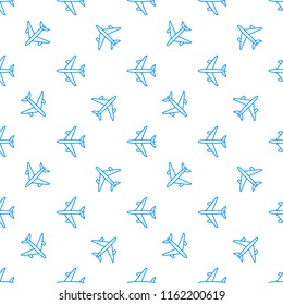 Seamless aircraft pattern. Flying blue line plane on white background. Airplane icon. Vector illustration