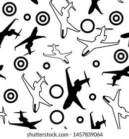 Seamless airplane background. Uncolored elements on white