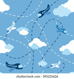 Seamless airplane pattern. Aircraft in clouds. Cartoons style. Airplane on blue background. Kids boy plane pattern. Route. Flying machine on sky.