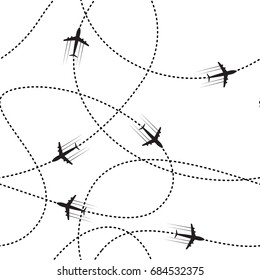 Seamless of airplanes and their track on white background