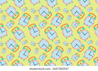 Seamless alarm clock pattern with playful retro vibe, colorful background, abstract quirky shapes, time symbol repeat backdrop for learning stress theme and school academic deadline concept.