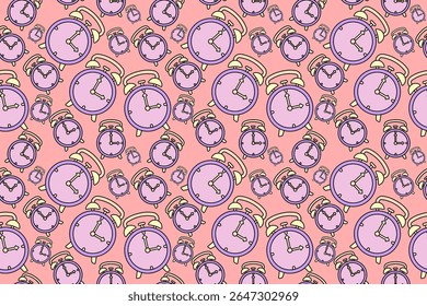 Seamless alarm clock pattern with playful retro vibe, colorful background, abstract quirky shapes, time symbol repeat backdrop for learning stress theme and school academic deadline concept.