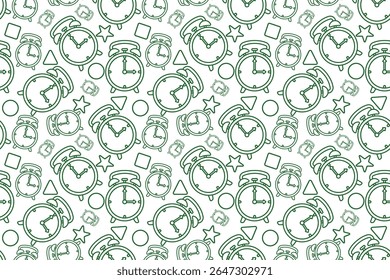 Seamless alarm clock pattern with playful retro vibe, colorful background, abstract quirky shapes, time symbol repeat backdrop for learning stress theme and school academic deadline concept.
