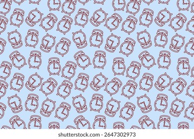Seamless alarm clock pattern with playful retro vibe, colorful background, abstract quirky shapes, time symbol repeat backdrop for learning stress theme and school academic deadline concept.