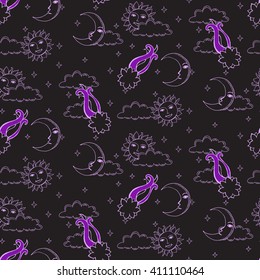 Seamless alchemy pattern with suns, moons, comets and clouds in the night sky. Vector illustration.