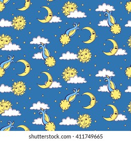 Seamless alchemy pattern with suns, moons, comets and clouds in the night sky. Vector illustration.