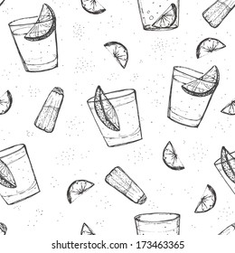 Seamless alcohol drinks vector pattern. Sketched tequila with lime and salt.