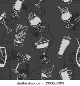 seamless alcohol pattern doodle drawings on dark vector