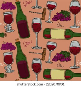 Seamless alcoholic pattern with bottles and glasses of wine. Grape drinks on a colored background. Suitable for printed products on fabric and paper. Kitchen illustration, bar, restaurant, cafe.