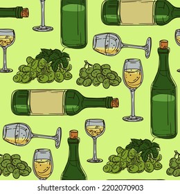 Seamless alcoholic pattern with bottles and glasses of wine. Grape drinks on a colored background. Suitable for printed products on fabric and paper. Kitchen illustration, bar, restaurant, cafe.