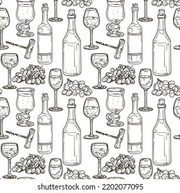 Seamless alcoholic pattern with the outline of bottles and glasses of wine on a transparent background. Suitable for printed products on fabric and paper. Kitchen illustration, bar, restaurant, cafe.