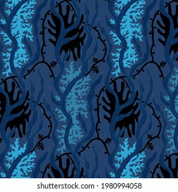 Seamless algae pattern in the sea. Pattern with corals and algue. Print for fabric, textiles, wallpaper, cover and others. Vector illustration