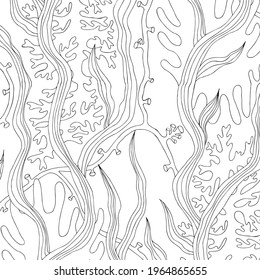 Seamless algae pattern in the sea.Black and white style, hand drawn illustration. Print for fabric, textiles, wallpaper, flower paper and others. Vector illustration