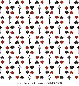 Seamless Alice in Wonderland  with suits. Poker or casino  pattern - vector white background with red and black playing card suits and keys. 