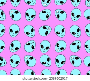 Seamless alien pattern. The face of an alien on a pink background.