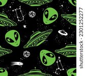 Seamless alien pattern. Hand drawn doodle background for twxtile, fashion wear, wrapping paper and more