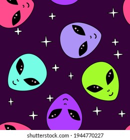 Seamless Alien Pattern. Hand Drawn Doodle Background For Textile, Fashion Wear, Wrapping Paper.