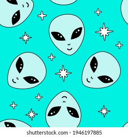 Seamless Alien Pattern. Hand Drawn Doodle Background For Textile, Fashion Wear, Wrapping Paper.