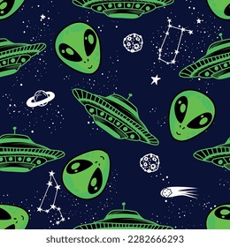 Seamless alien pattern. Hand drawn doodle background for twxtile, fashion wear, wrapping paper and more