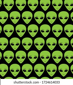 Seamless alien's pattern.
UFO endless backdrop.
Humanoids on a black background. 
Smiling visitors, Martians.
Vector illustration.