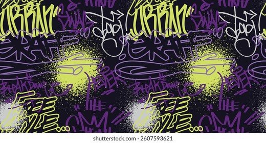 Seamless all over urban street wall art typography colorful graffiti pattern with motivational slogan elements print and spray splash paint effect for graphic tee t shirt or sweatshirt hoodie - Vector