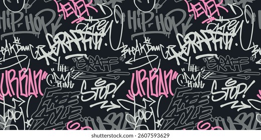 Seamless all over urban street wall art typography colorful graffiti pattern with motivational slogan elements print and spray splash paint effect for graphic tee t shirt or sweatshirt hoodie - Vector
