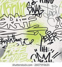 Seamless all over urban street wall art typography colorful graffiti pattern with motivational slogan elements print and spray splash paint effect for graphic tee t shirt or sweatshirt hoodie - Vector