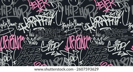 Seamless all over urban street wall art typography colorful graffiti pattern with motivational slogan elements print and spray splash paint effect for graphic tee t shirt or sweatshirt hoodie - Vector